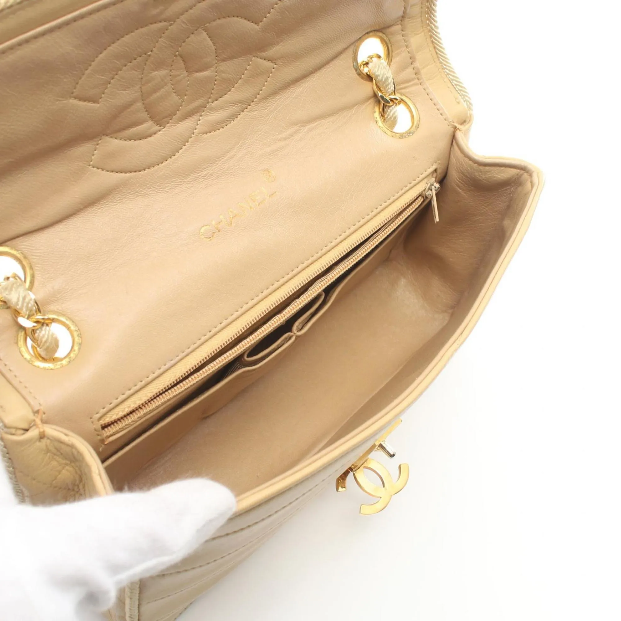 CHANEL Coco Mark Shoulder Bag, Lambskin, Women's, Beige
