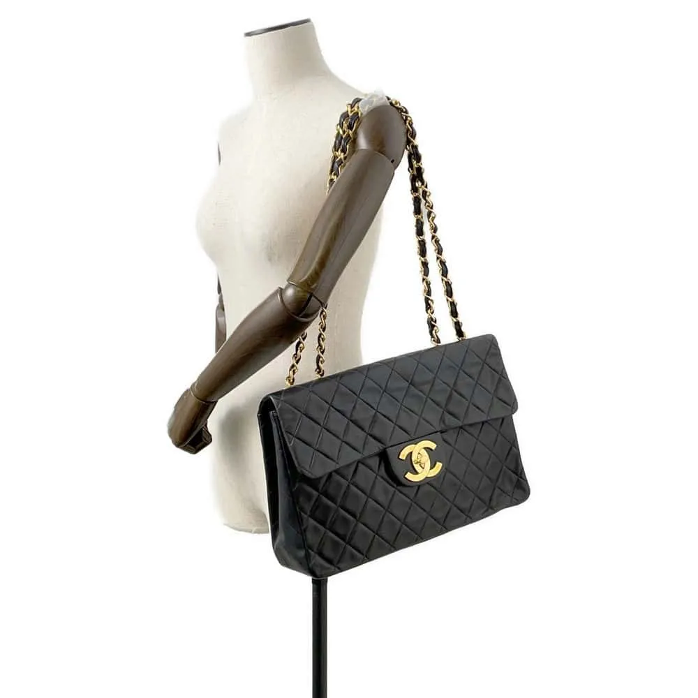 CHANEL Jumbo Matelasse ChainShoulder Bag Black Lambskin Size 34