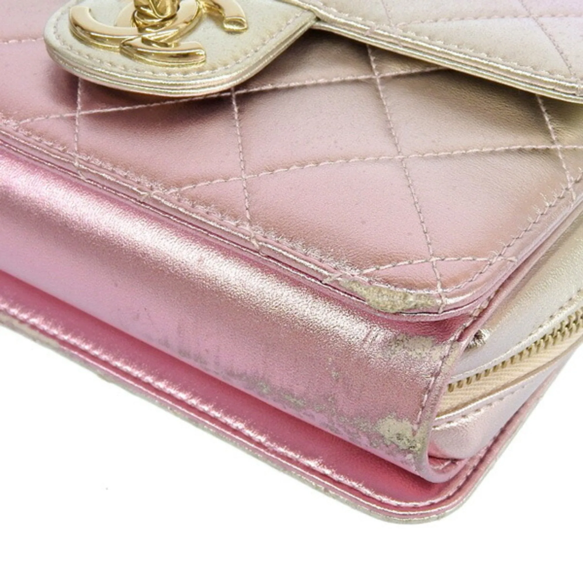 CHANEL Leather Matelasse Coco Mark Chain Shoulder Bag Metallic Pink Ladies