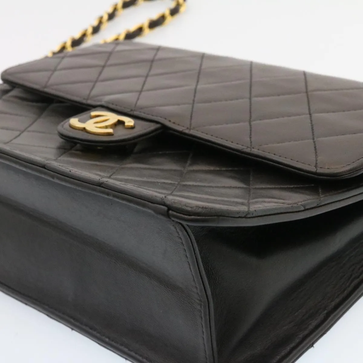 CHANEL Matelasse Chain Flap Shoulder Bag Lamb Skin Black Gold CC Auth am1708gA