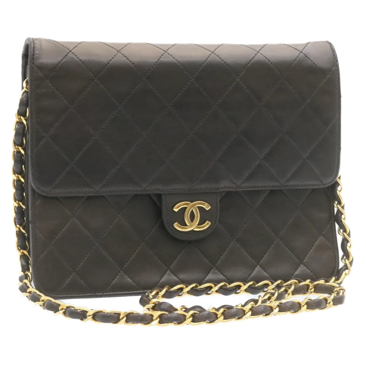 CHANEL Matelasse Chain Flap Shoulder Bag Lamb Skin Black Gold CC Auth am1708gA