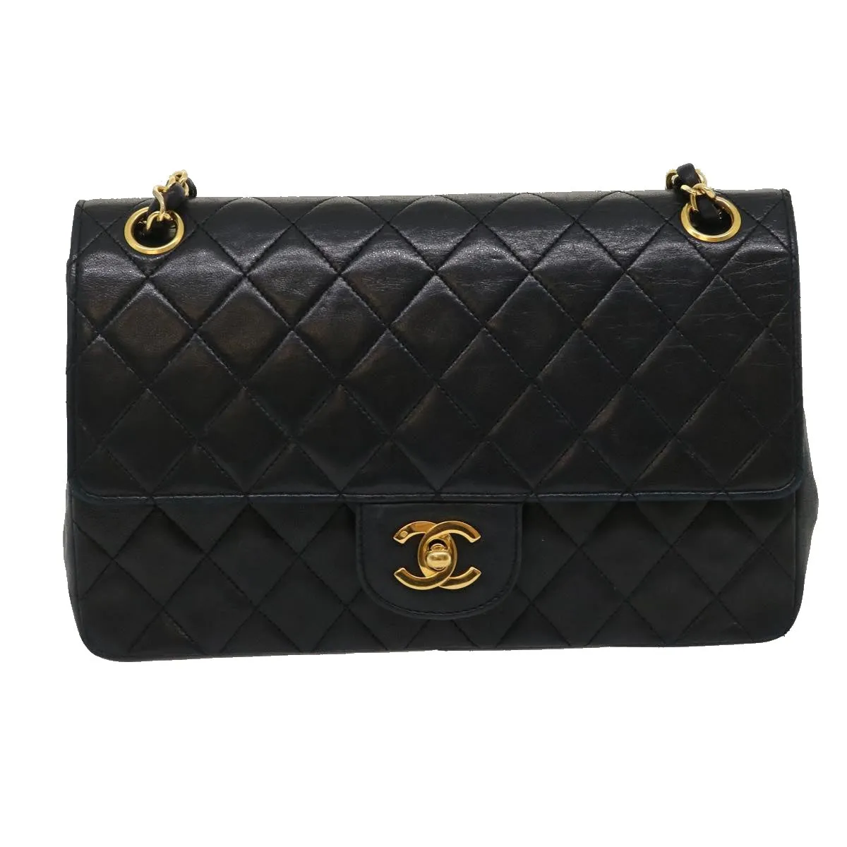 CHANEL Matelasse25 Double Chain Flap Shoulder Bag Lamb Skin Black CC Auth lt482A
