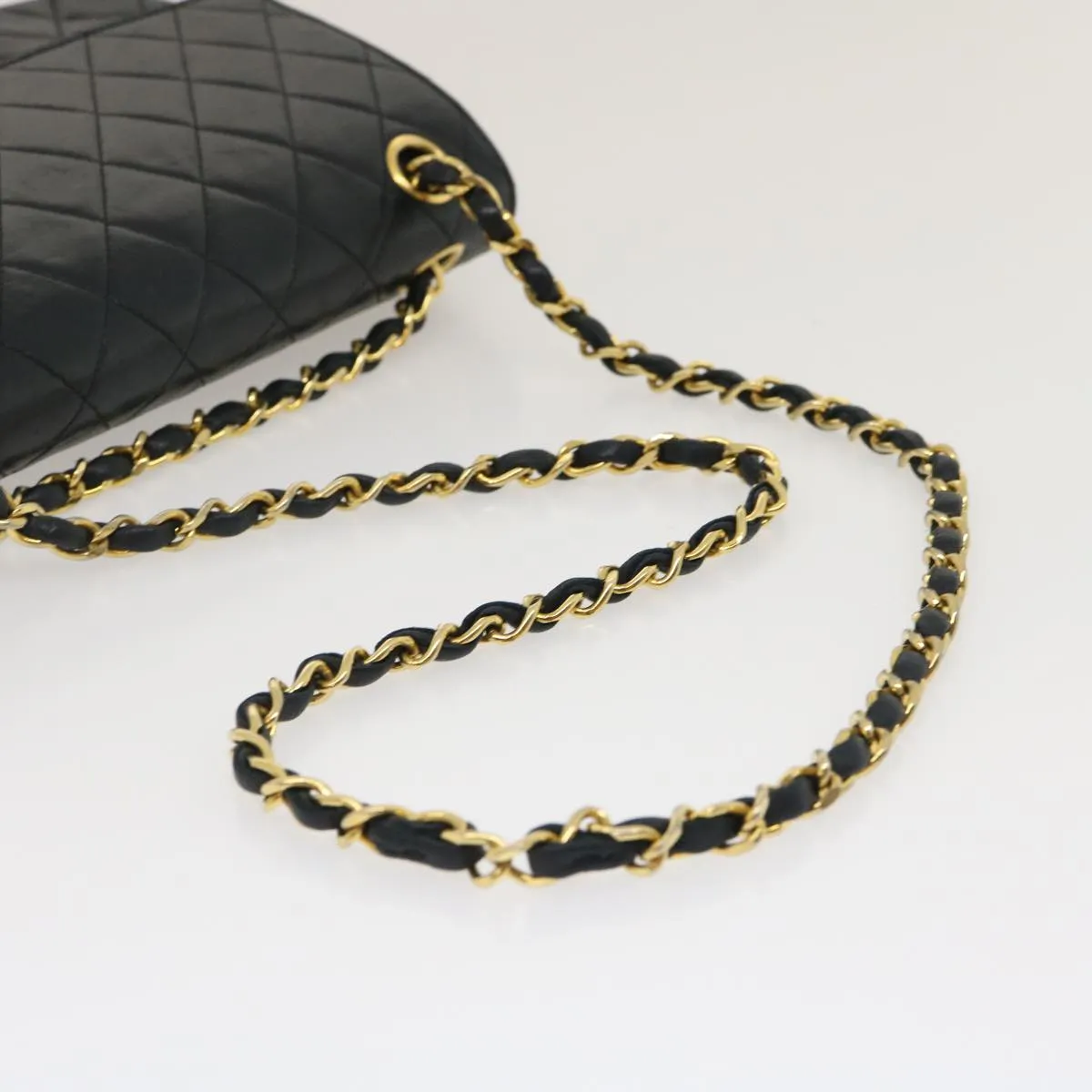 CHANEL Matelasse25 Double Chain Flap Shoulder Bag Lamb Skin Black CC Auth lt482A