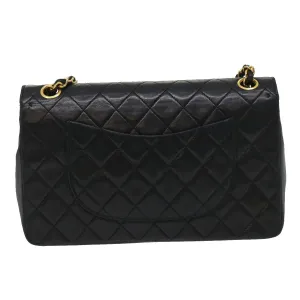 CHANEL Matelasse25 Double Chain Flap Shoulder Bag Lamb Skin Black CC Auth lt482A