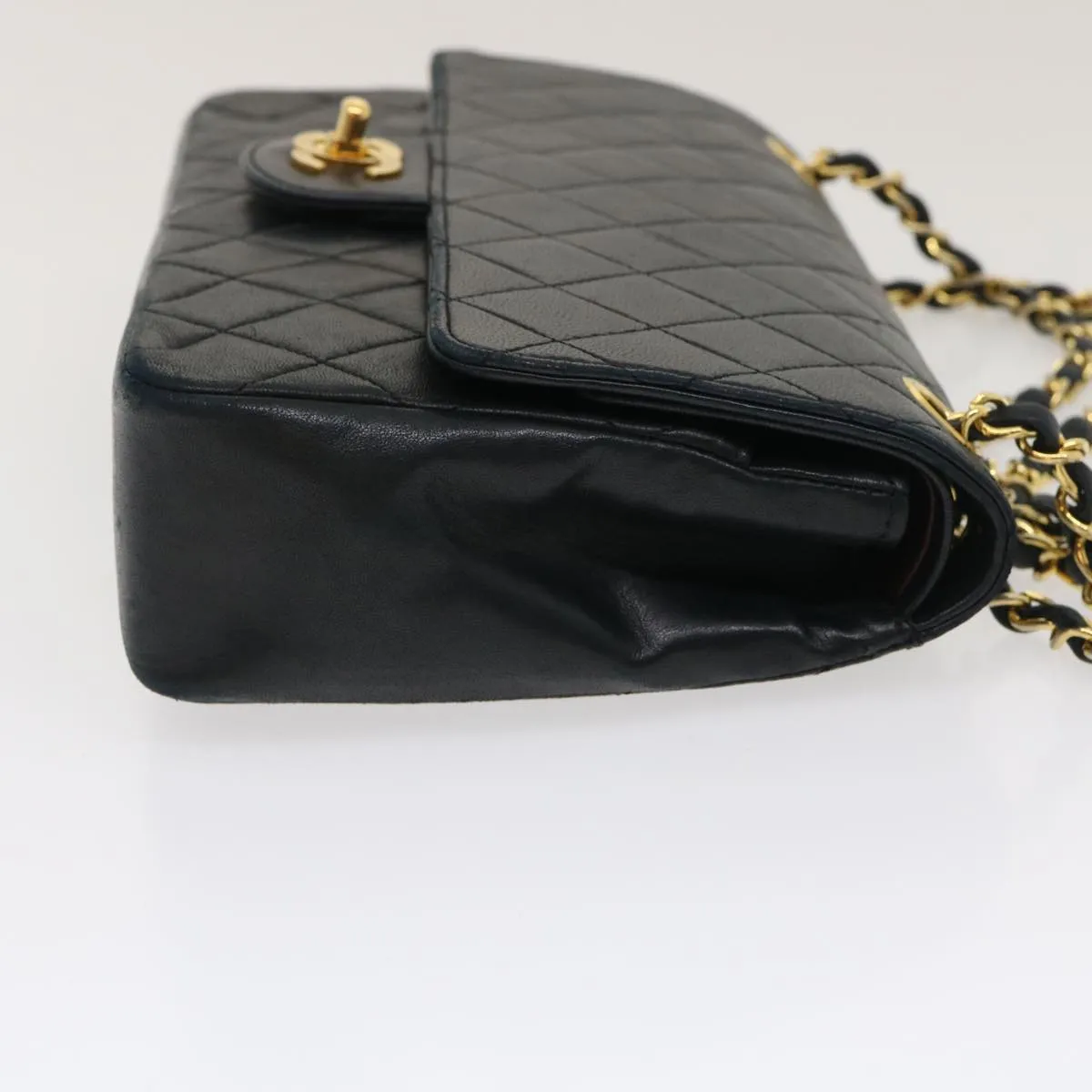 CHANEL Matelasse25 Double Chain Flap Shoulder Bag Lamb Skin Black CC Auth lt482A