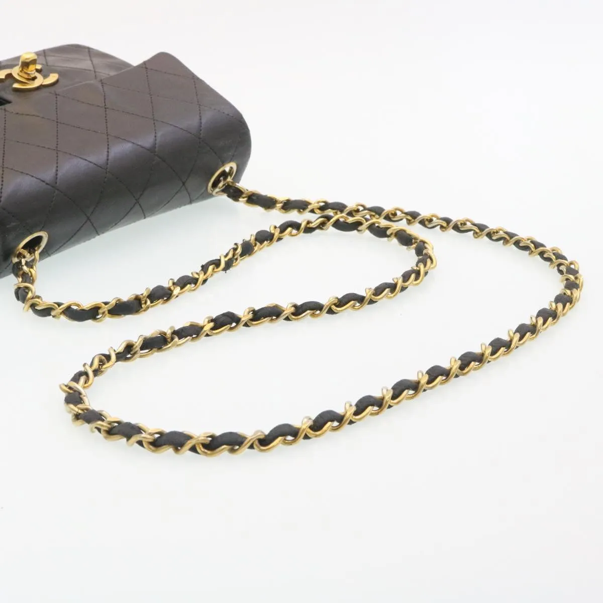 CHANEL Mini Matelasse Chain Flap Shoulder Bag Lamb Skin Black Gold Auth 29069A