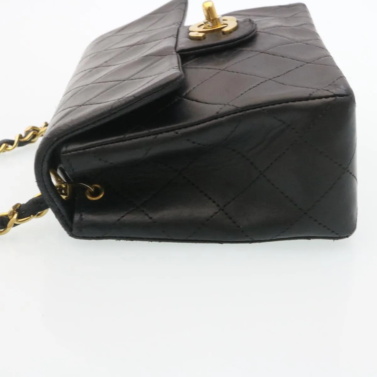 CHANEL Mini Matelasse Chain Flap Shoulder Bag Lamb Skin Black Gold Auth 29069A