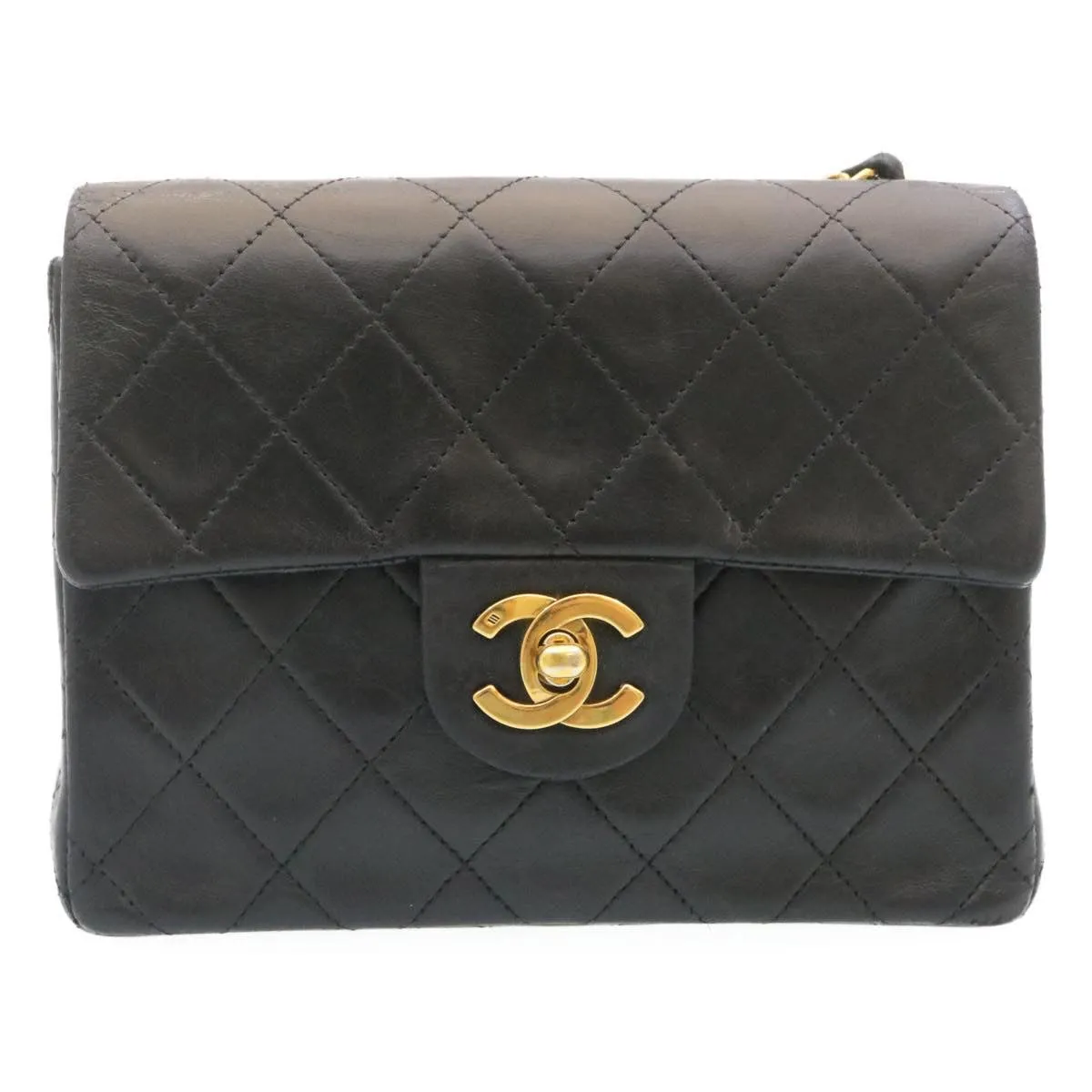 CHANEL Mini Matelasse Chain Flap Shoulder Bag Lamb Skin Black Gold Auth 29069A