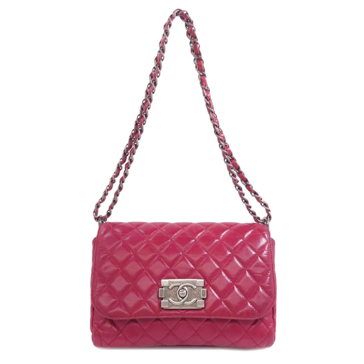 CHANEL Shoulder Bag Calfskin Red ChainShoulder Boy Chanel SilverMetal Women Used