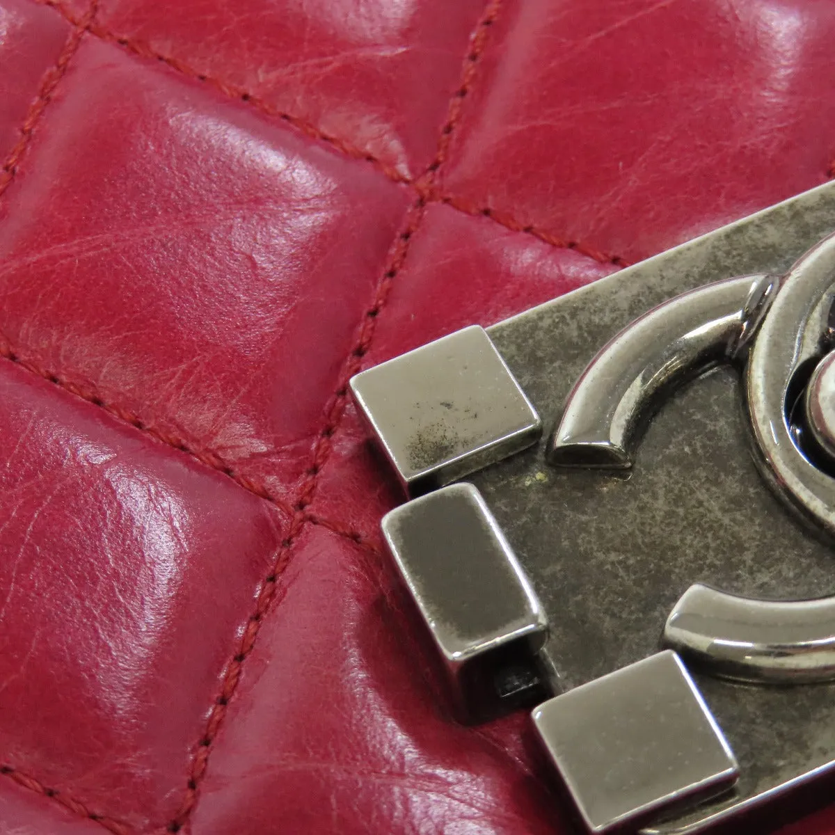 CHANEL Shoulder Bag Calfskin Red ChainShoulder Boy Chanel SilverMetal Women Used