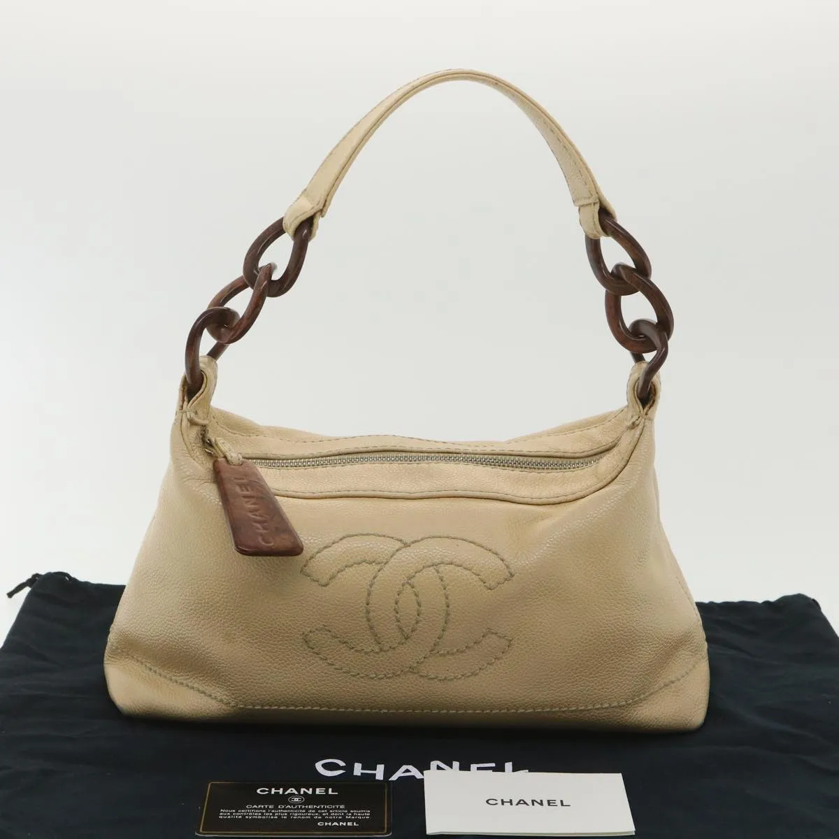 CHANEL Shoulder Bag Caviar Skin Beige CC Auth am3924