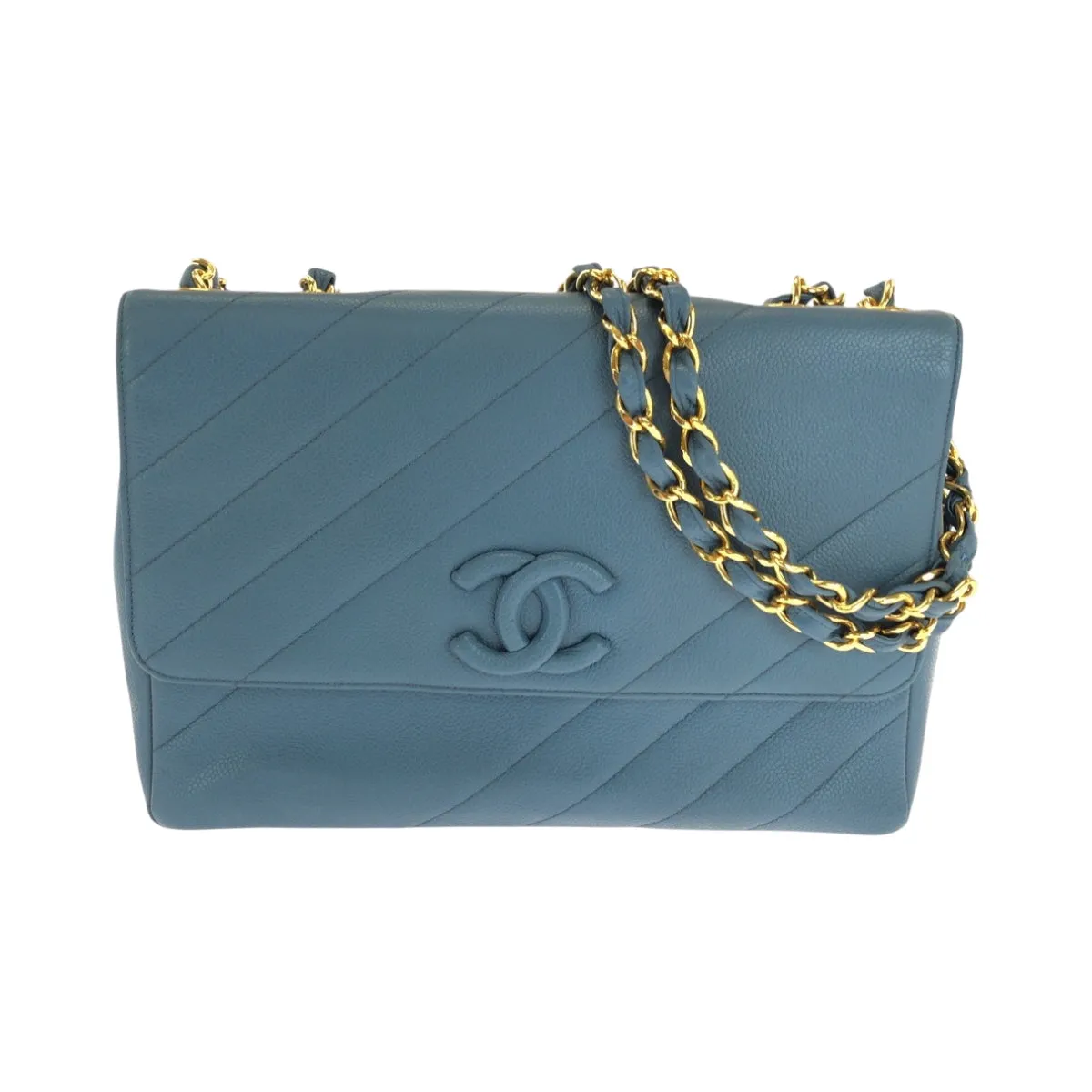 CHANEL Shoulder Bag Caviar skin blue Bias stitch COCO Mark