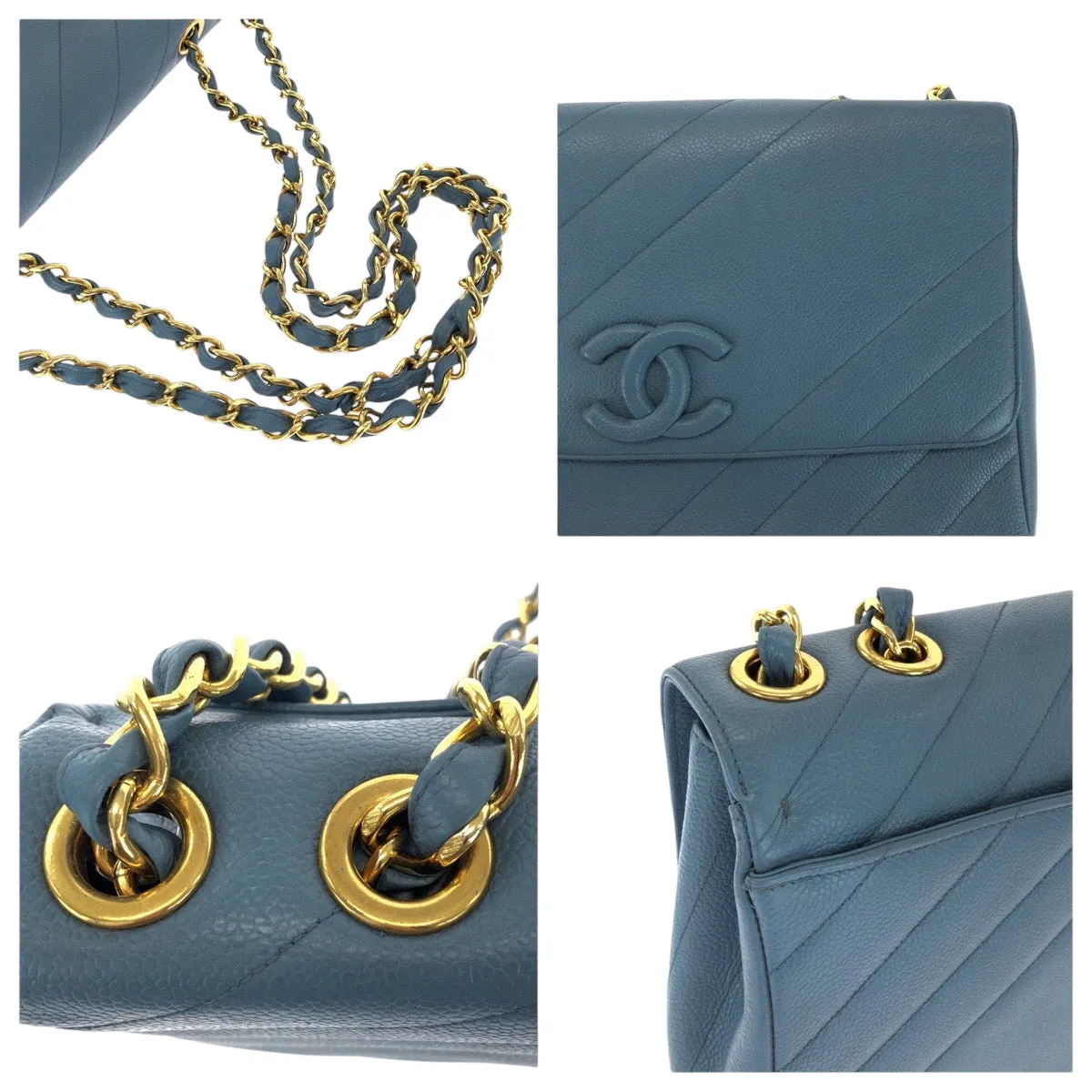 CHANEL Shoulder Bag Caviar skin blue Bias stitch COCO Mark