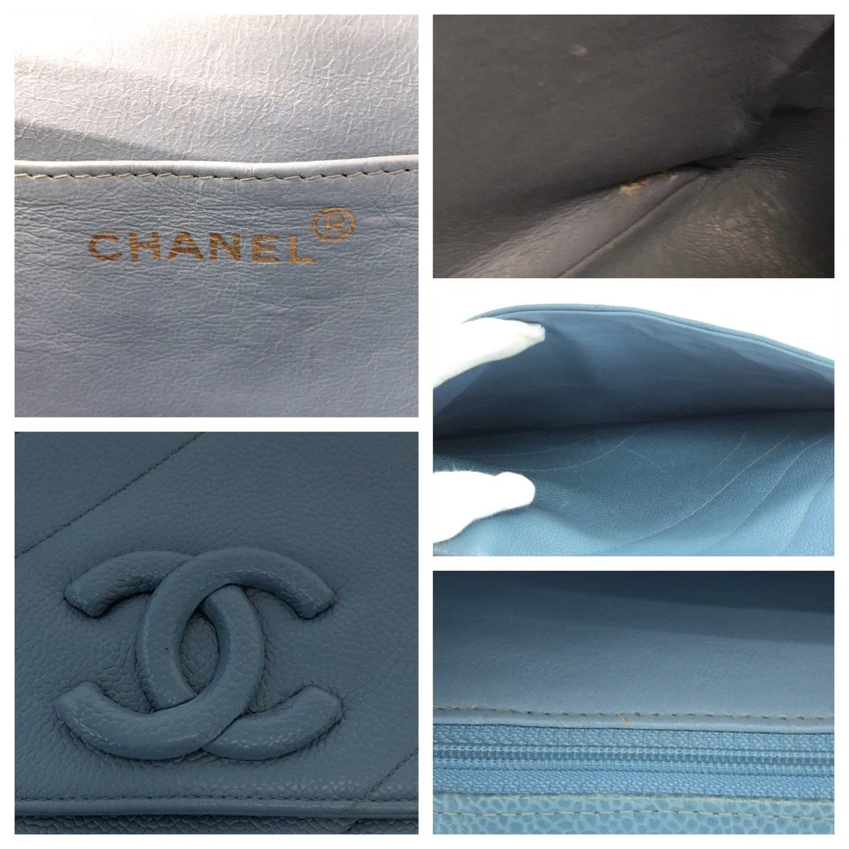 CHANEL Shoulder Bag Caviar skin blue Bias stitch COCO Mark