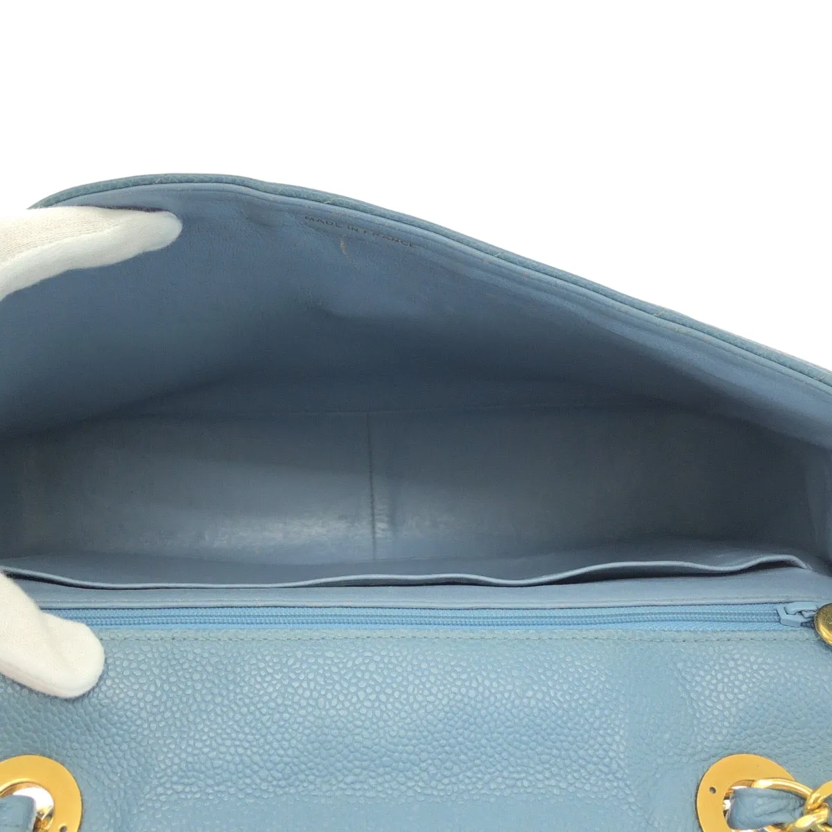 CHANEL Shoulder Bag Caviar skin blue Bias stitch COCO Mark