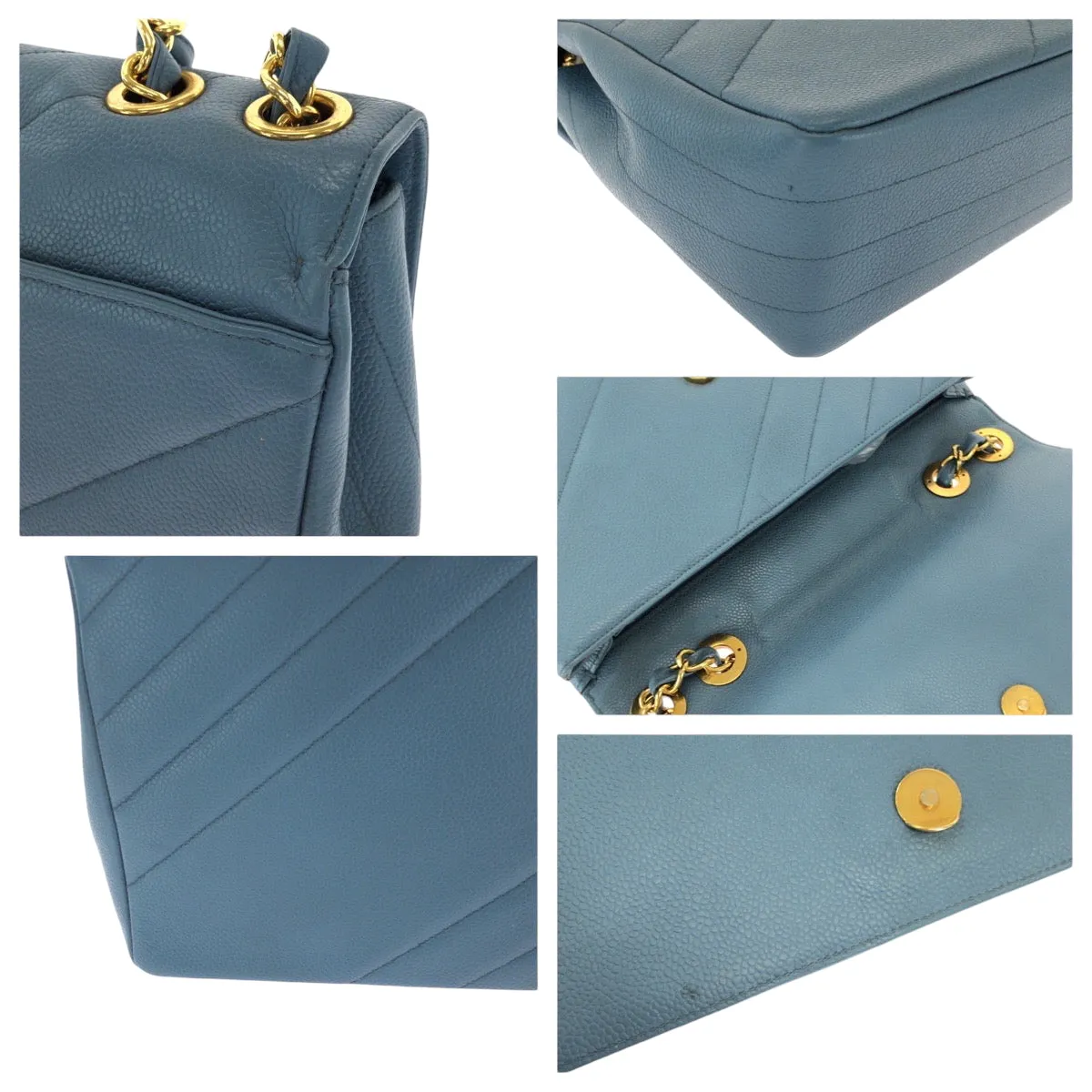 CHANEL Shoulder Bag Caviar skin blue Bias stitch COCO Mark