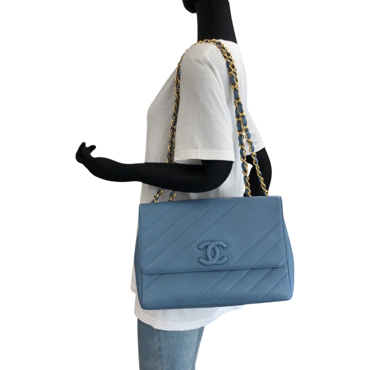 CHANEL Shoulder Bag Caviar skin blue Bias stitch COCO Mark