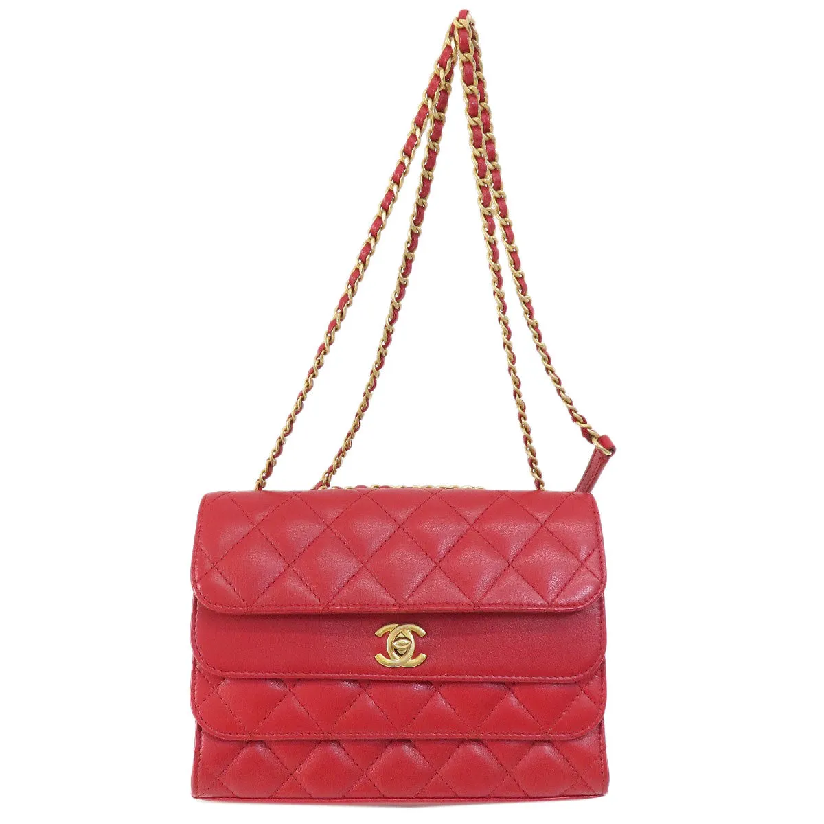 CHANEL Shoulder Bag lambskin Red ChainShoulder Matelasse SilverMetal Women Used