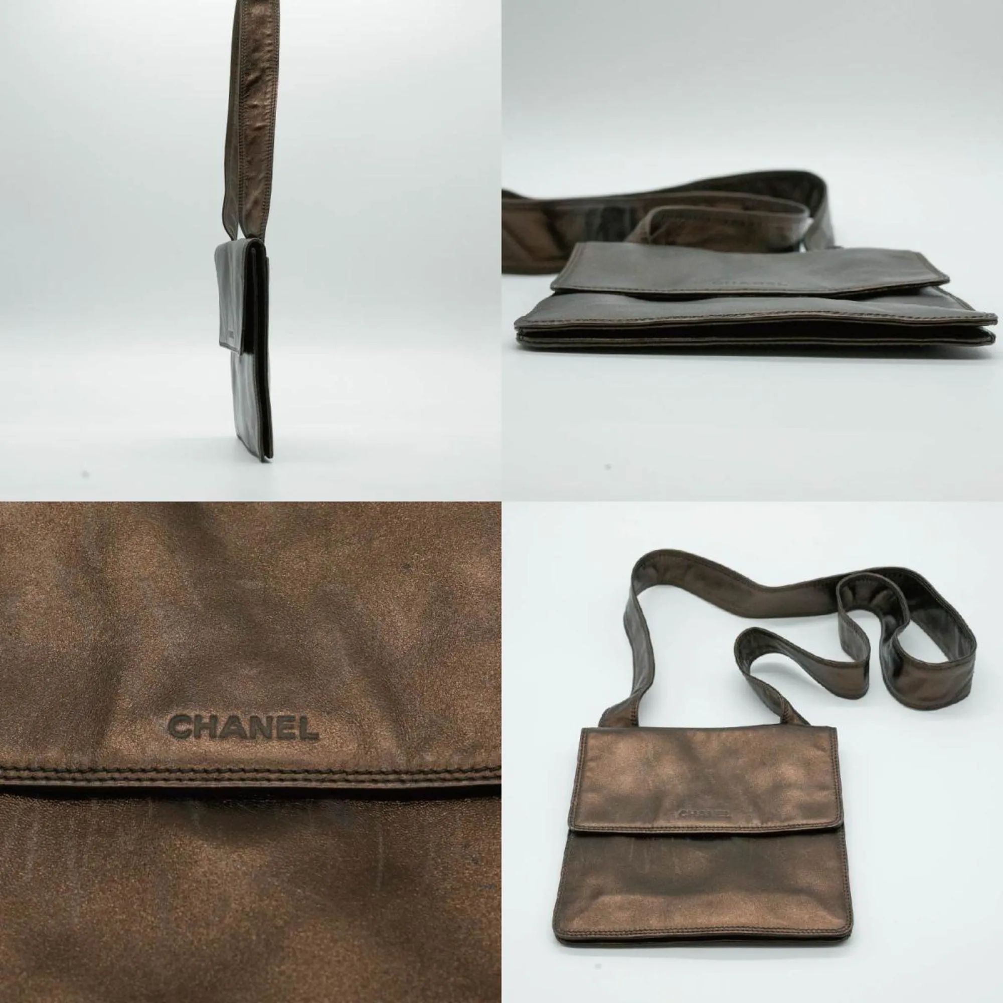 CHANEL Shoulder Bag Square Sacoche Lambskin Brown Gold Men's Women's P16200 PD23