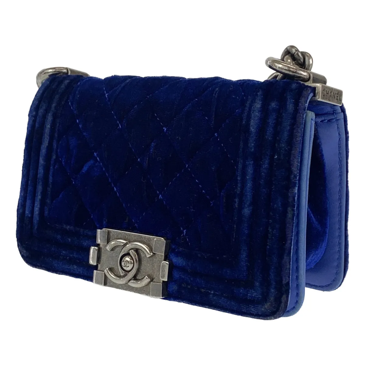 CHANEL Shoulder Bag Velour, Leather Blue Gunmetal Shoulder Bag Handbag Pochette Mini Boy Chanel Matelasse Women Used