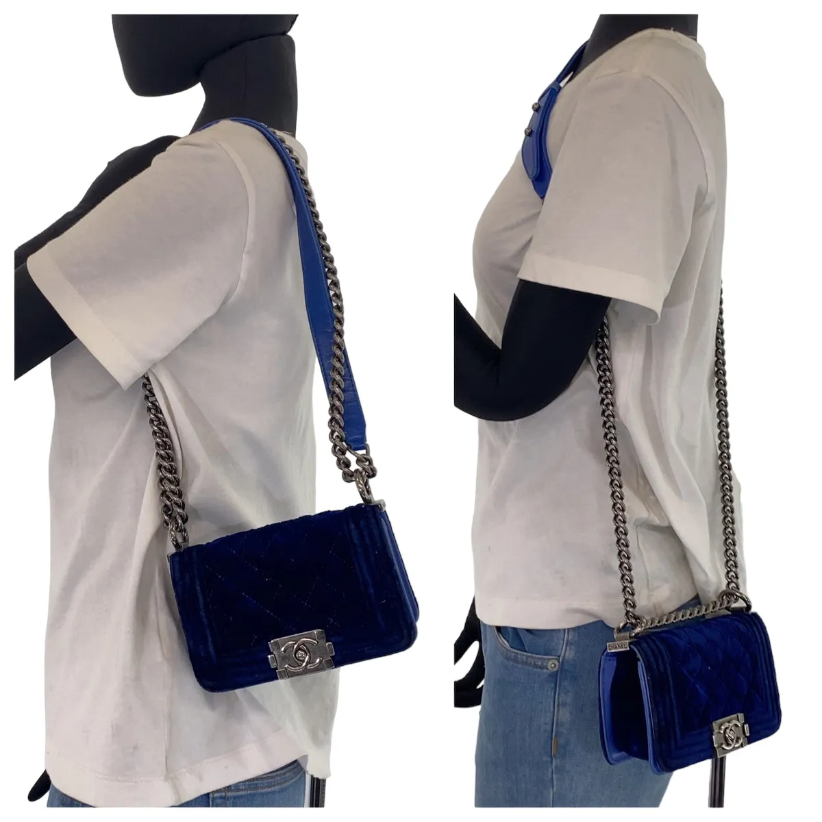 CHANEL Shoulder Bag Velour, Leather Blue Gunmetal Shoulder Bag Handbag Pochette Mini Boy Chanel Matelasse Women Used