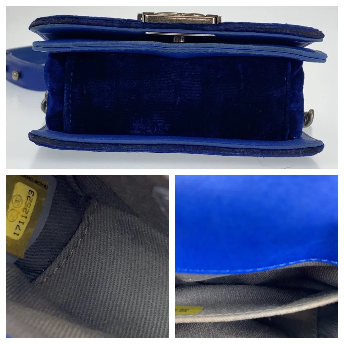 CHANEL Shoulder Bag Velour, Leather Blue Gunmetal Shoulder Bag Handbag Pochette Mini Boy Chanel Matelasse Women Used