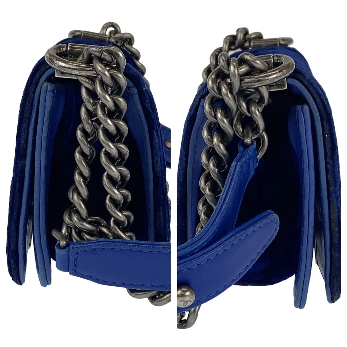 CHANEL Shoulder Bag Velour, Leather Blue Gunmetal Shoulder Bag Handbag Pochette Mini Boy Chanel Matelasse Women Used