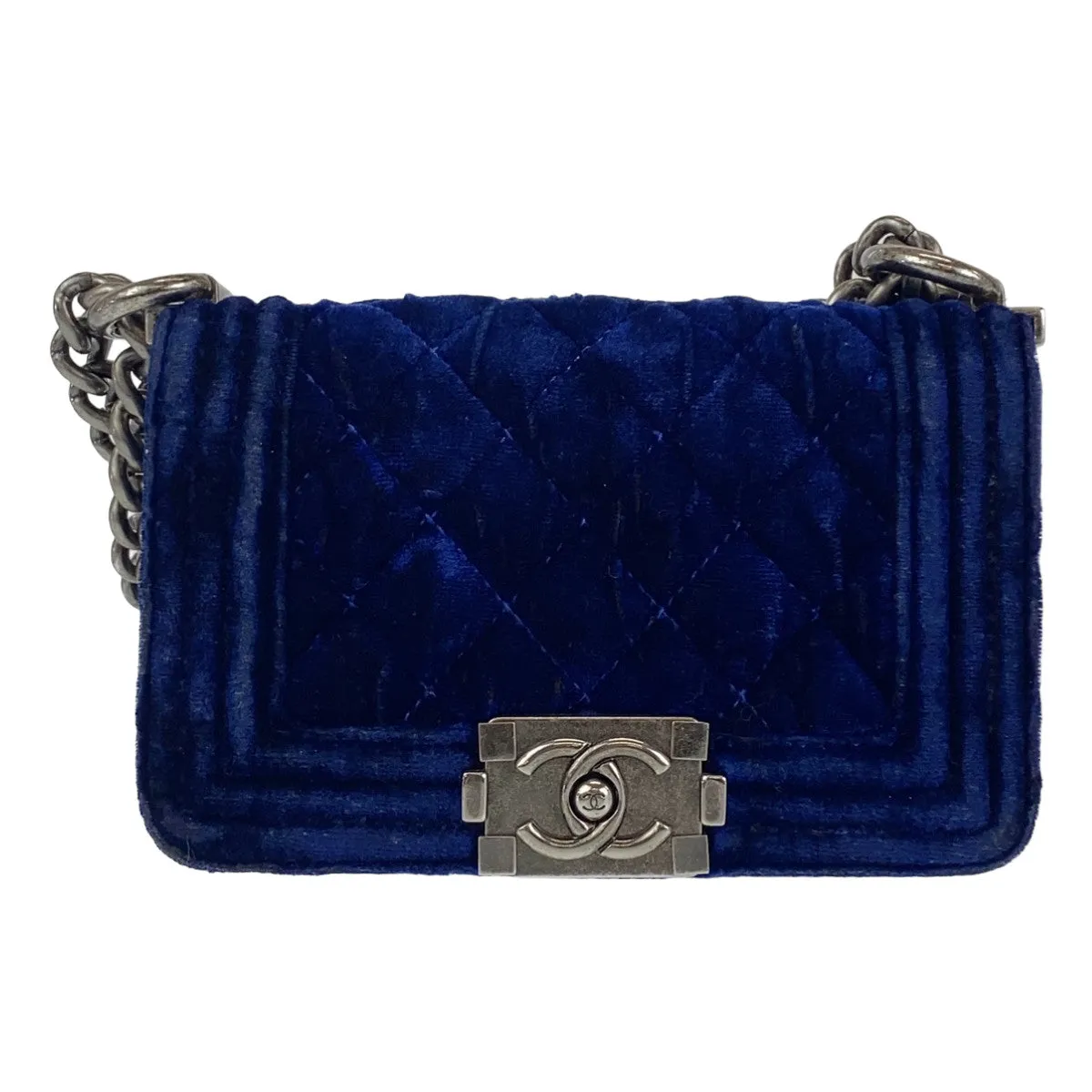 CHANEL Shoulder Bag Velour, Leather Blue Gunmetal Shoulder Bag Handbag Pochette Mini Boy Chanel Matelasse Women Used