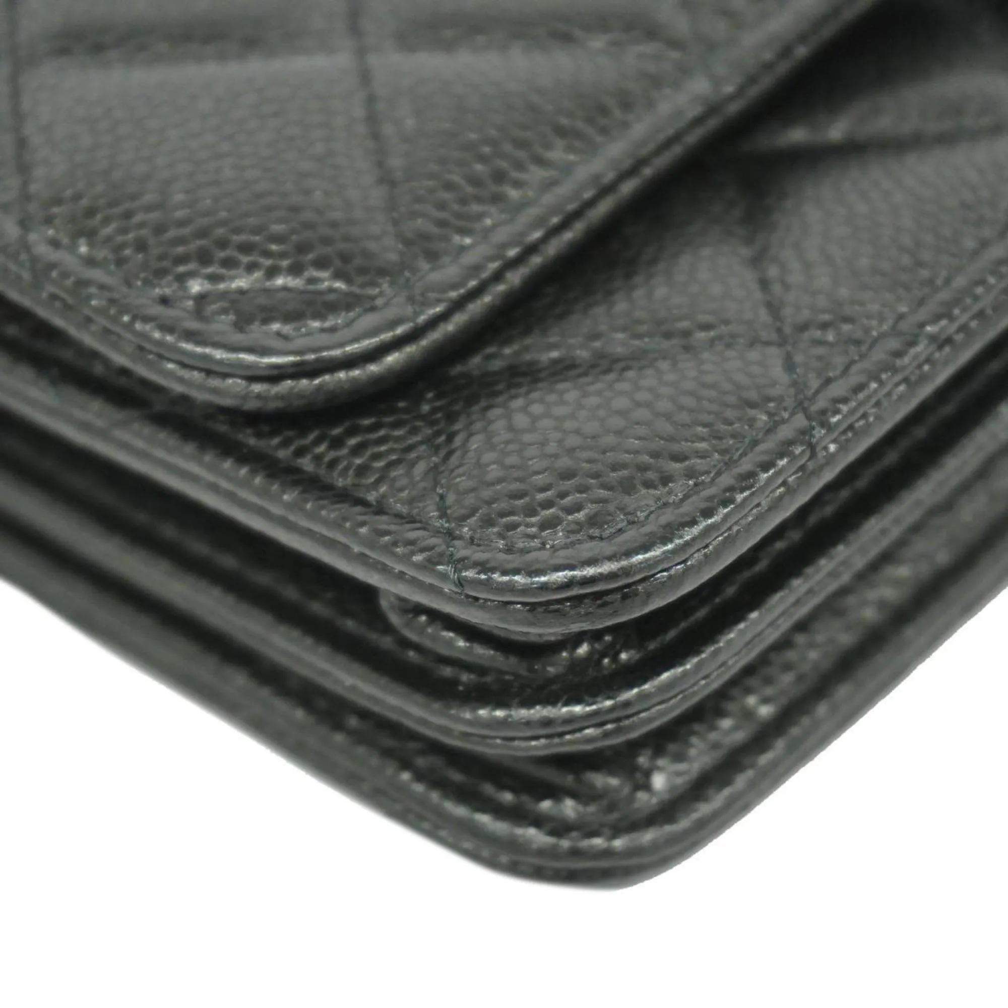 Chanel Shoulder Wallet Matelasse Chain Caviar Skin Black Women's