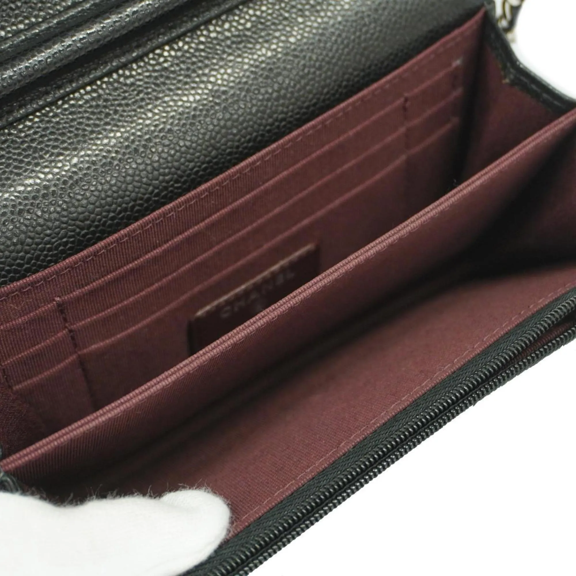 Chanel Shoulder Wallet Matelasse Chain Caviar Skin Black Women's