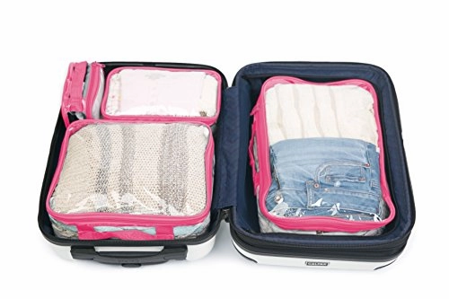 Clear Packing Cubes set of 4/Packs 7-10 Days of Clothes/Premium PVC Plastic Storage Cube (Pink)