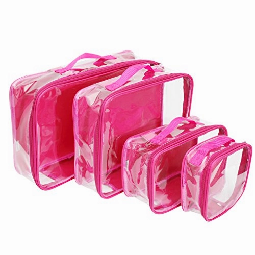 Clear Packing Cubes set of 4/Packs 7-10 Days of Clothes/Premium PVC Plastic Storage Cube (Pink)