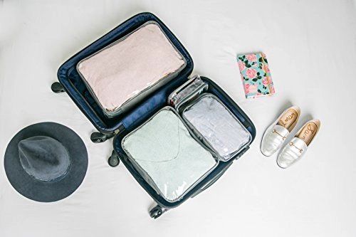 Clear Packing Cubes set of 4/Packs 7-10 Days of Clothes/Premium PVC Plastic Storage Cube (Pink)