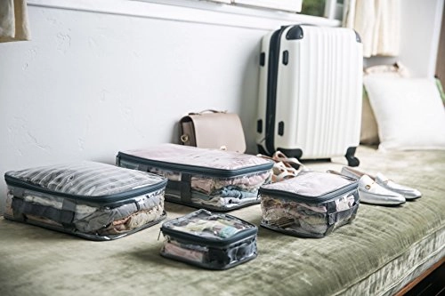 Clear Packing Cubes set of 4/Packs 7-10 Days of Clothes/Premium PVC Plastic Storage Cube (Pink)