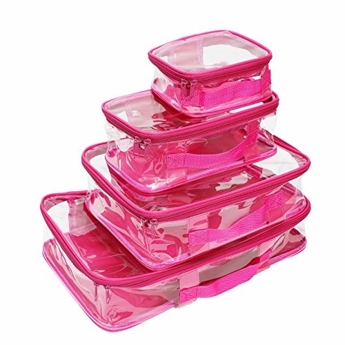 Clear Packing Cubes set of 4/Packs 7-10 Days of Clothes/Premium PVC Plastic Storage Cube (Pink)