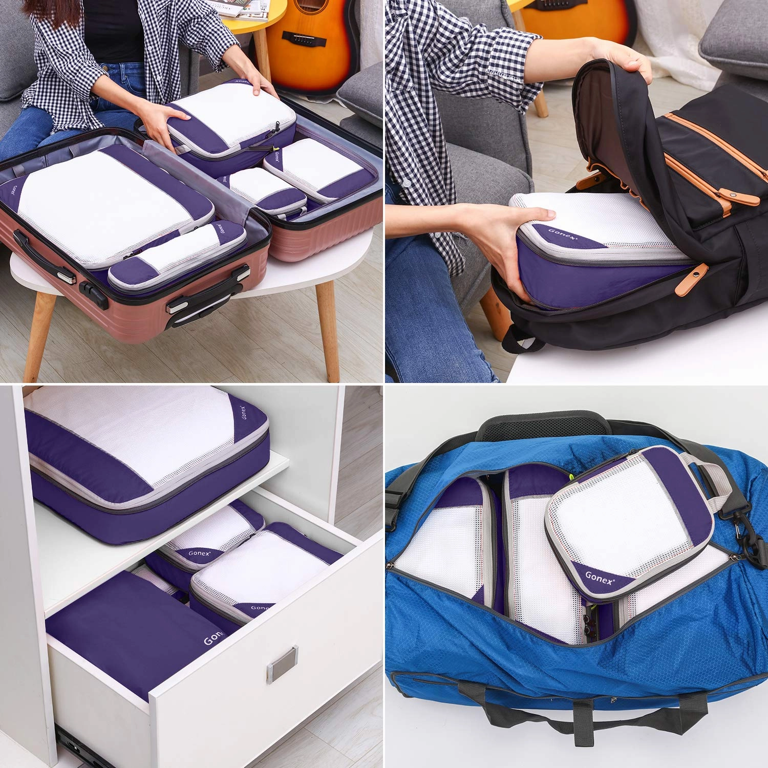 Compression Packing Cubes Mesh Organizers L M S XS Slim Laundry Bag Purple