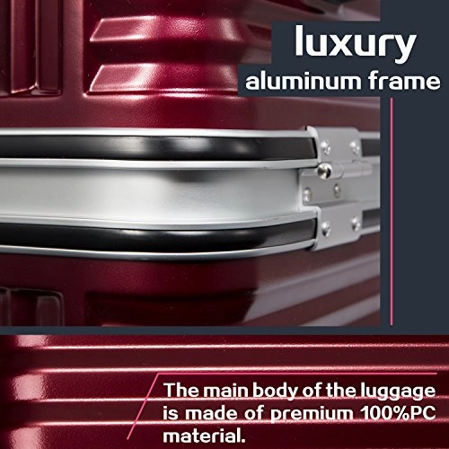 Coolife Luggage Aluminium Frame Suitcase with TSA Lock 100% PC (L(28in), Wine red)