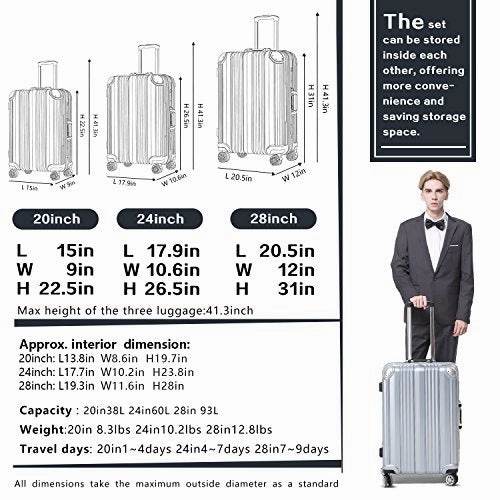 Coolife Luggage Aluminium Frame Suitcase with TSA Lock 100% PC (L(28in), Wine red)