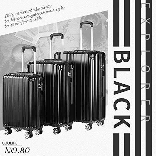 COOLIFE Luggage Expandable Suitcase PC ABS 3 Piece Set with TSA Lock Spinner Carry on 20in24in28in(Black, 3 piece set)