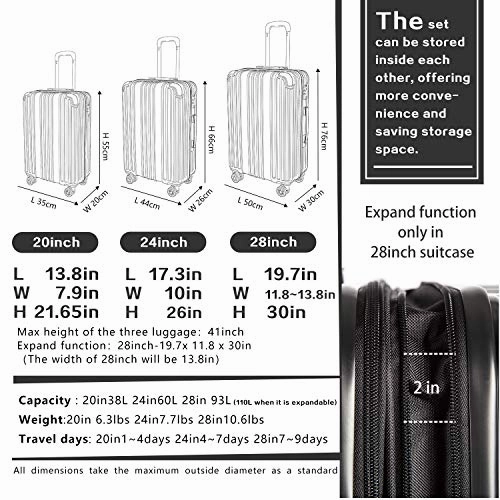 COOLIFE Luggage Expandable Suitcase PC ABS 3 Piece Set with TSA Lock Spinner Carry on 20in24in28in(Black, 3 piece set)