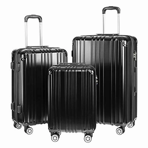 COOLIFE Luggage Expandable Suitcase PC ABS 3 Piece Set with TSA Lock Spinner Carry on 20in24in28in(Black, 3 piece set)