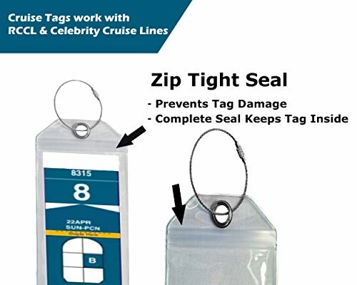 Cruise Luggage Tag Holder Zip Seal & Steel - Royal Caribbean & Celebrity Cruise (Clear - 4 Pack)