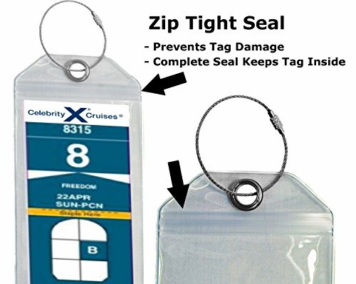Cruise Luggage Tag Holder Zip Seal & Steel - Royal Caribbean & Celebrity Cruise (Clear - 8 Pack)
