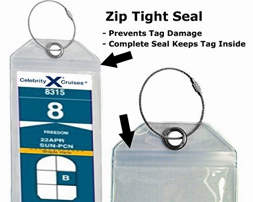 Cruise Luggage Tag Holder Zip Seal & Steel - Royal Caribbean & Celebrity Cruise (Clear - 8 Pack)