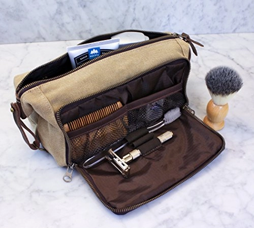 Dopp Kit Mens Toiletry Travel Bag Ykk Zipper Canvas & Leather (Medium, Khaki - 3 Days Shipping)