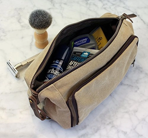 Dopp Kit Mens Toiletry Travel Bag Ykk Zipper Canvas & Leather (Medium, Khaki - 3 Days Shipping)
