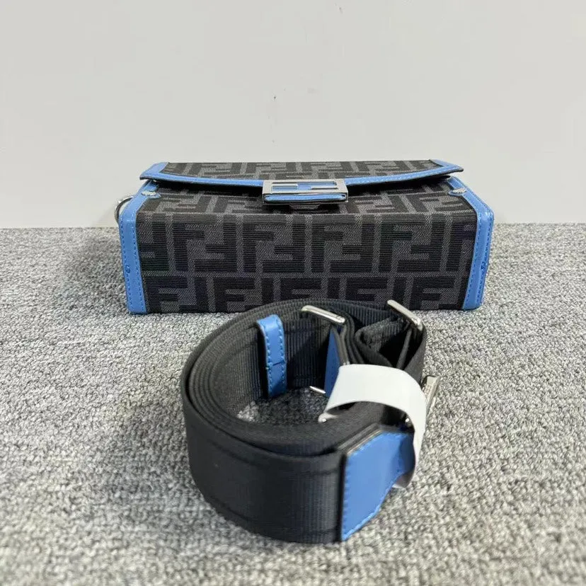 Fendi Kan I Black Blue Canvas Shoulder Bag
