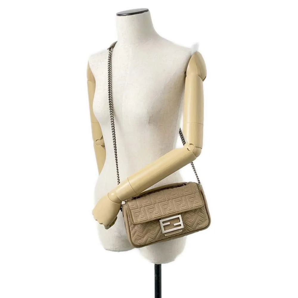 FENDI Midi Baguette FF Fabric ChainShoulder Bag Beige 8BR793 Fabric suede