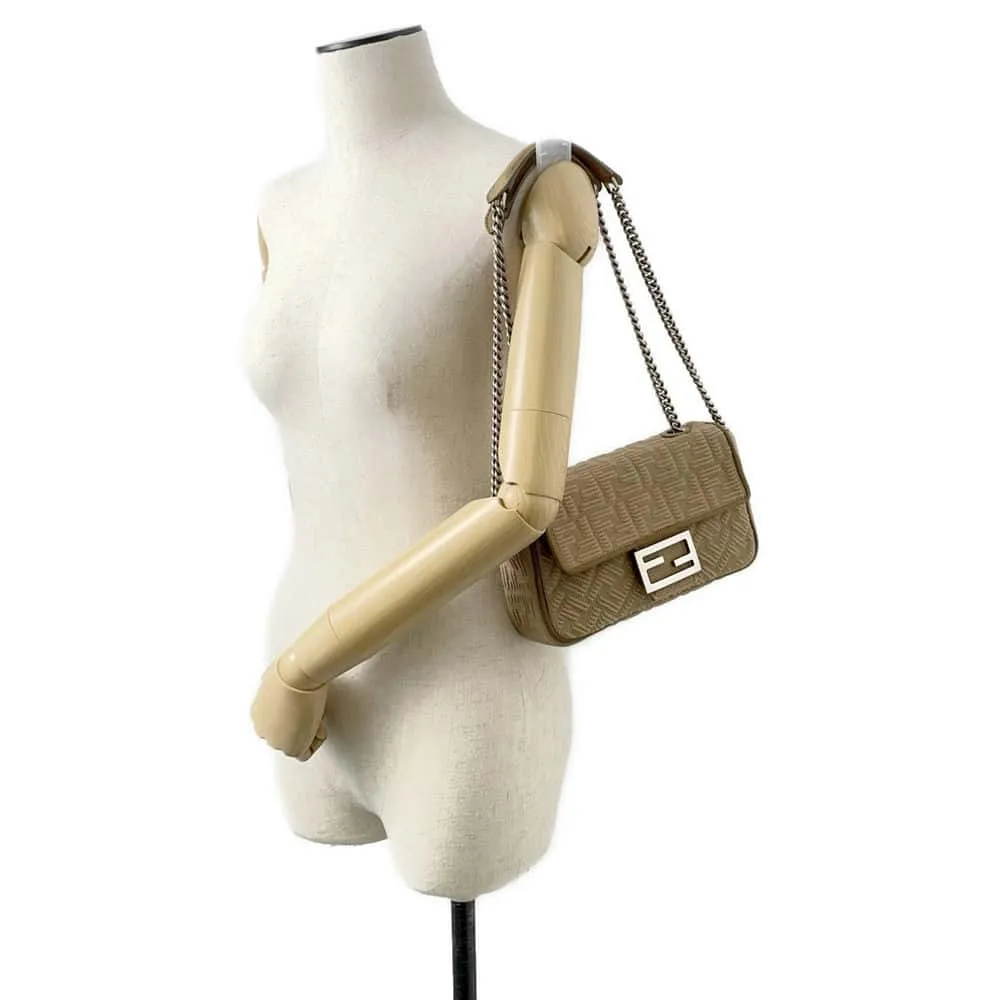FENDI Midi Baguette FF Fabric ChainShoulder Bag Beige 8BR793 Fabric suede