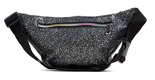 Festival Rave 80s Holographic Black Gravel Fanny Pack Waist Belt Bag For Women, Girls (Black